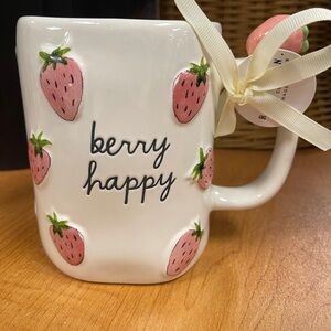 Rae Dunn Pink Strawberry Summer Fruit Berry Happy Ceramic Coffee Mug NEW